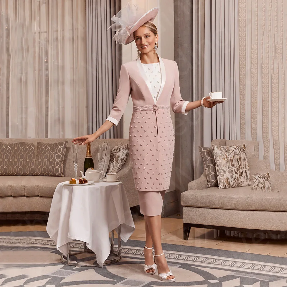 

2023 Contrast Color Mother of the Bride Dresses Dusty Pink Tea Length Mothers Dress with Jacket Wedding Guest Gowns Pearls