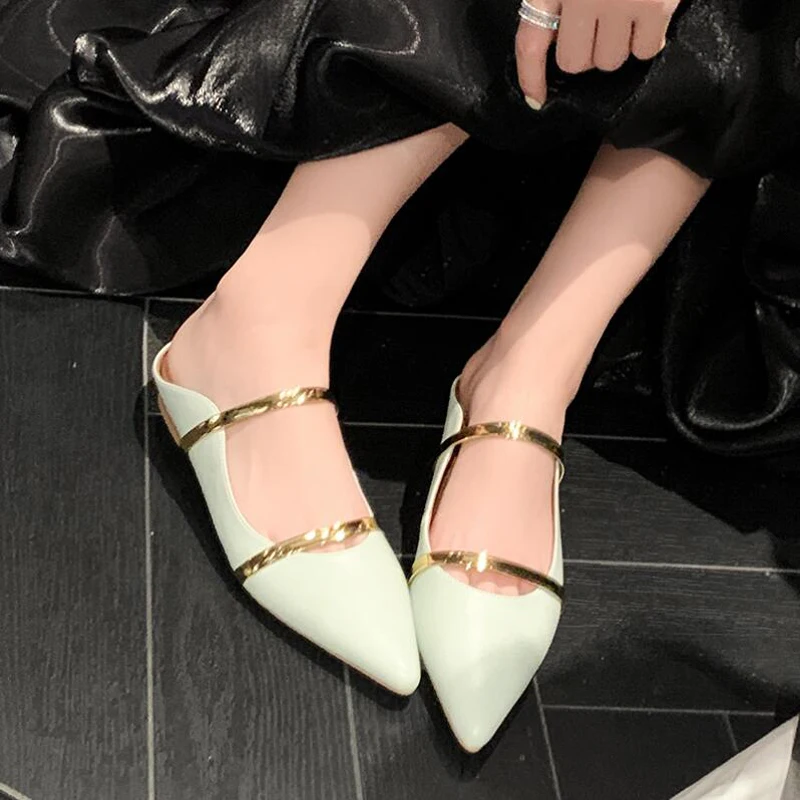 Korean Style Pointed Toe Flats Half Slippers Women 2024 Spring New Belt Strap Mules Shoes Genuine Leather Slides Females Zapatos