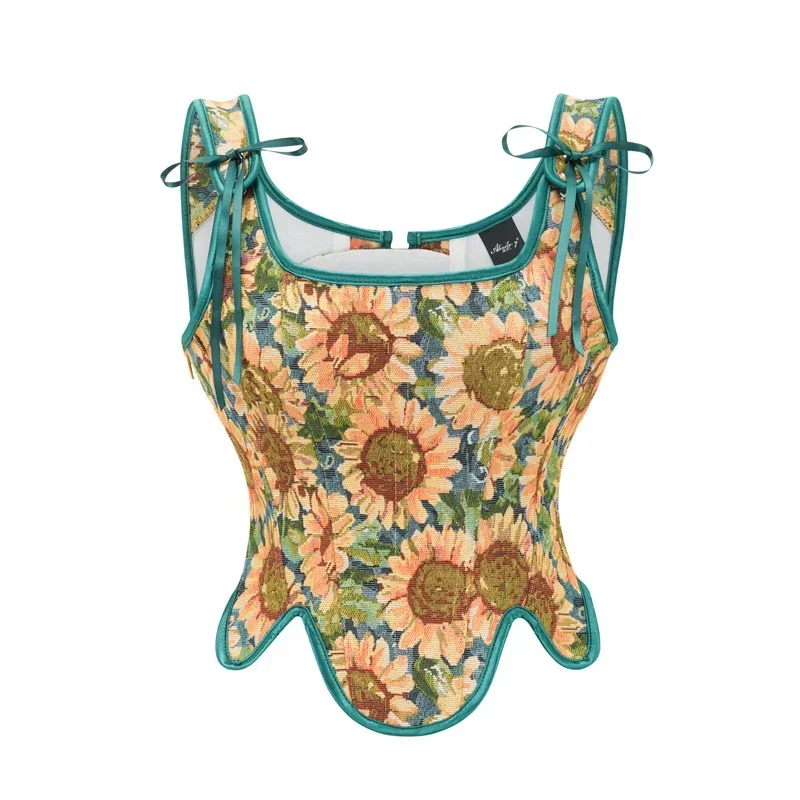 مشد نسائي عتيق أزرق مطبوع عليه زهور برباط علوي قصير بوستير القرون الوسطى ومشدات أنيقة بدون أكمام