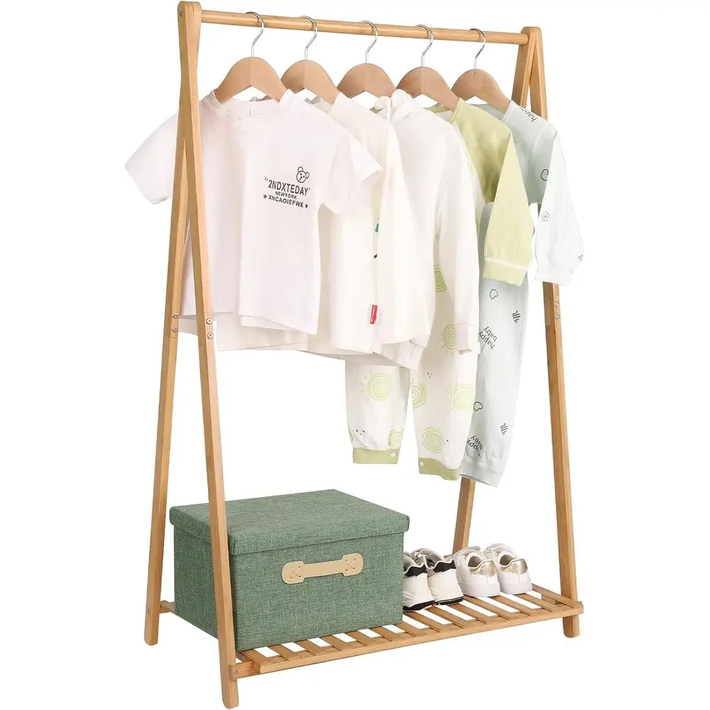 Small Clothes Rack Kids Storage or Playroom, Toddlers Bedroom, Bamboo Child Garment Rack with Storage Shelf, Kids Clothing Rack