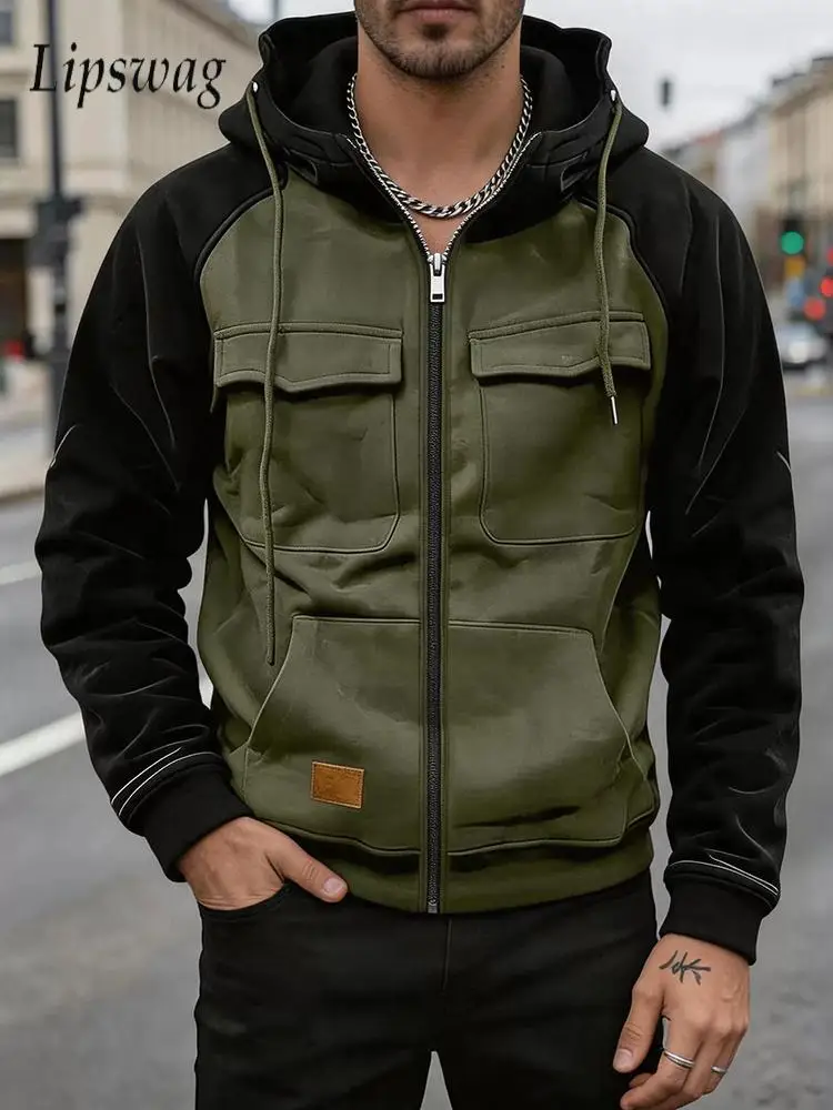 Daily Casual Hooded Jacket Fashionable Contrast Color Long Sleeve Multi Cargo Pocket Sweatshirt Autumn Winter Street Wear Mens
