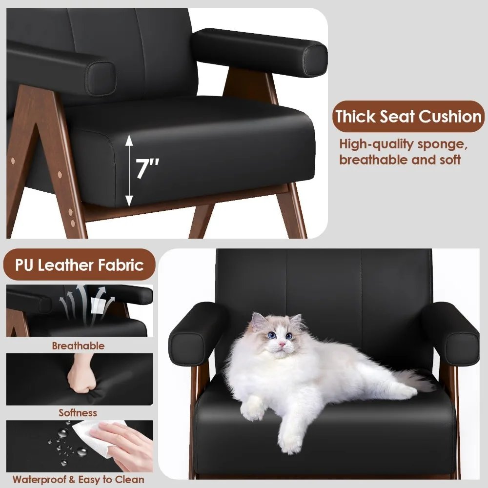 مجموعة كراسي JIASTING الحديثة لمنتصف القرن مكونة من قطعتين، كراسي مكتبية للقراءة من الجلد الأسود، كراسي صغيرة مريحة بذراع جانبي لـ L