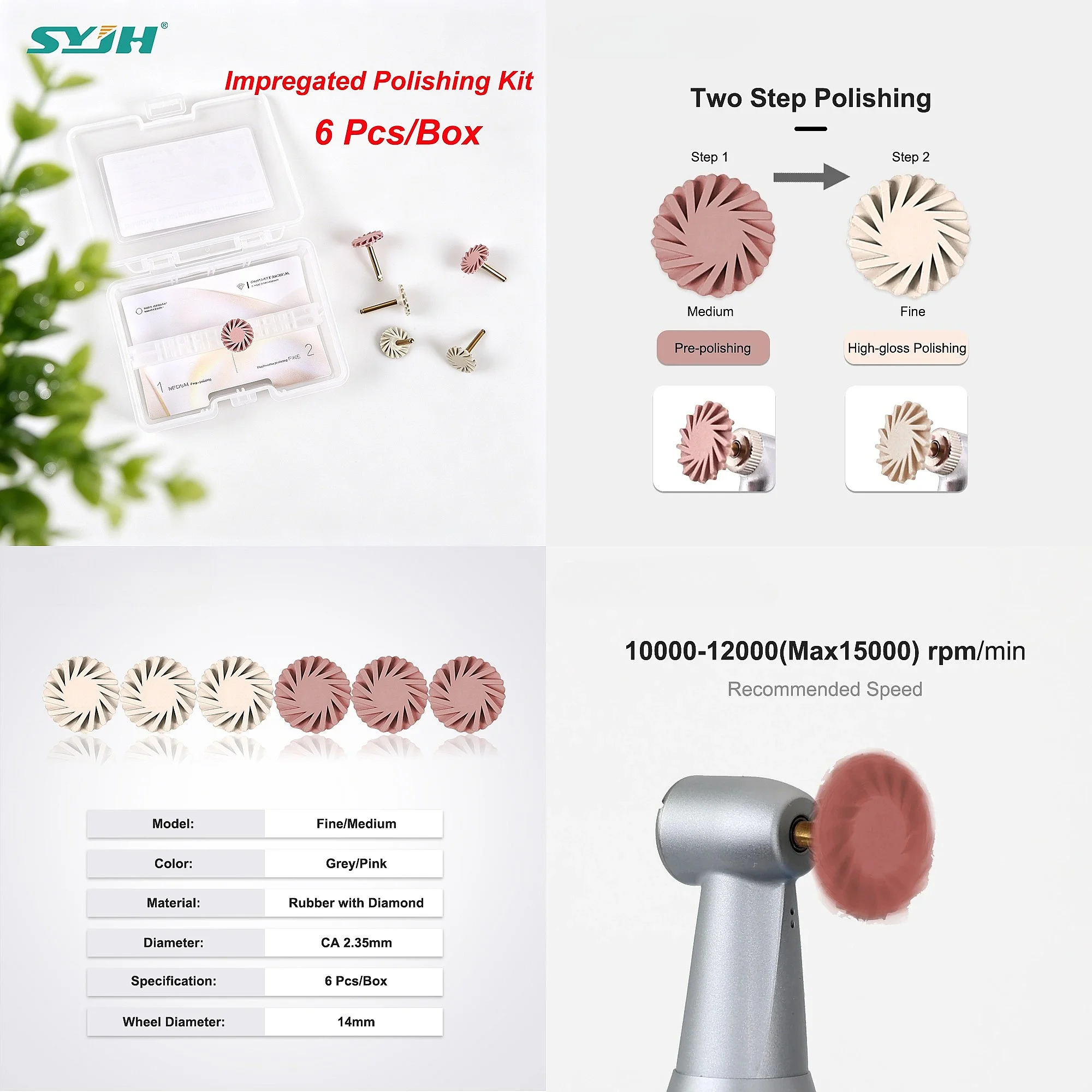 Dentals Diamond Impregnated Polishing Kit 6pcs/box CA 2.35mm 2-Step 14mm Wheel for Dentistry Tools