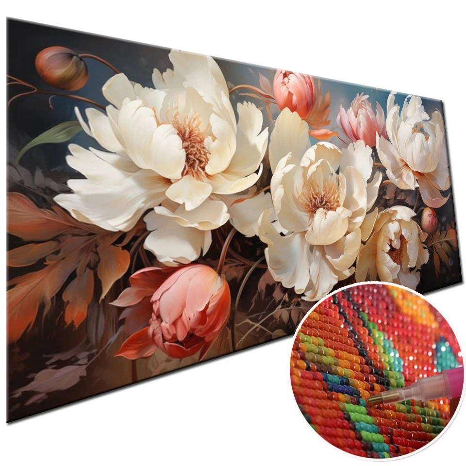 Peonies White Flowers 5D DIY Full Diamond Painting Large Size Cross Stitch Kits New 2024 Mosaic Diamond Embroidery Sale