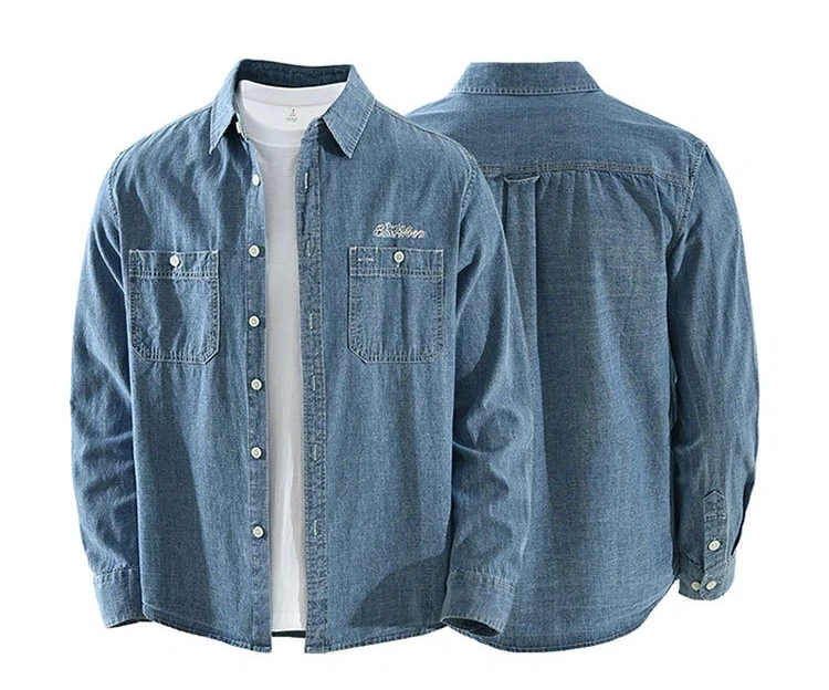 

Korean Style Denim Shirt Men Long Sleeve Spring New Jean Shirts Male Double Pockets Pure Cotton Cowboy Top Youth Casual Shirts