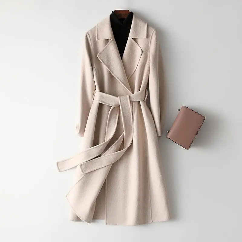 

Female Turn-down Lace-up Wool Coat 2023 Women's Solid Hepburn Fashion Wool Outerwear Women Autumn Winter Slim Elegant Cardigan