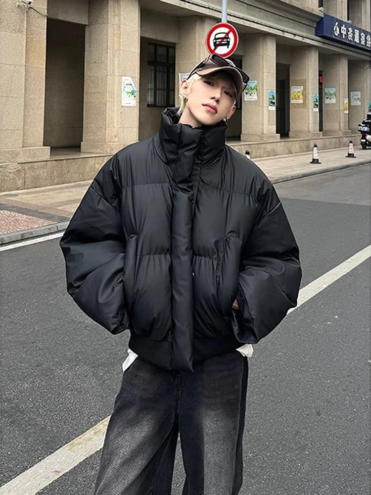 

Thiened Stand Collar down Jaet Men's Winter Baseball Cotton Coat PU Leather Bread Sle Durable Youth Faion Outerwear