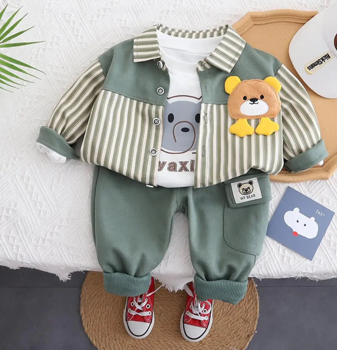 Korean Style Baby Boy Clothes 1 to 2 Years Cartoon Stripe Long Sleeve Shirts White T-shirt Pants Boutique Outfits Kids Bebe Sets