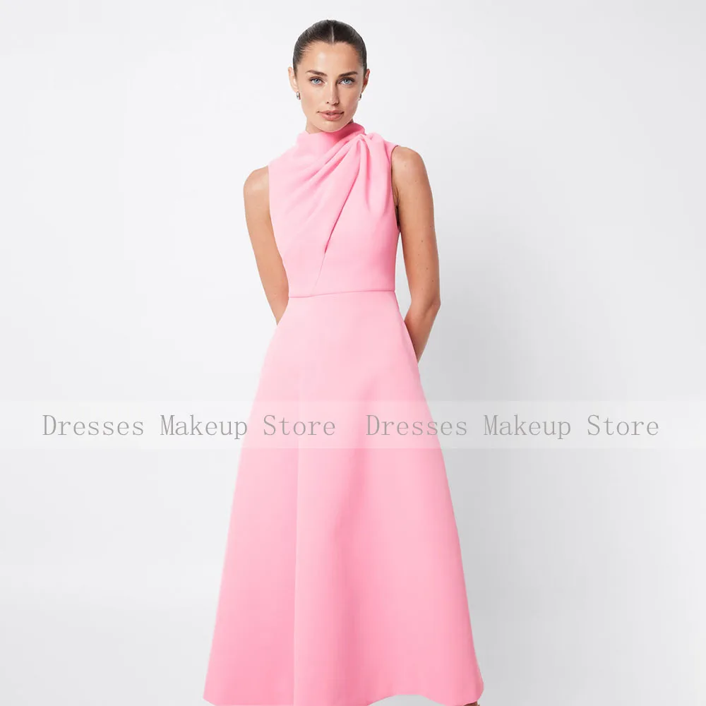 Pale Pink Formal Evening Dresses Midi A Line Tea Length Simple Evening Gowns with Pockets Sleeveless Wedding Party Dress 2024