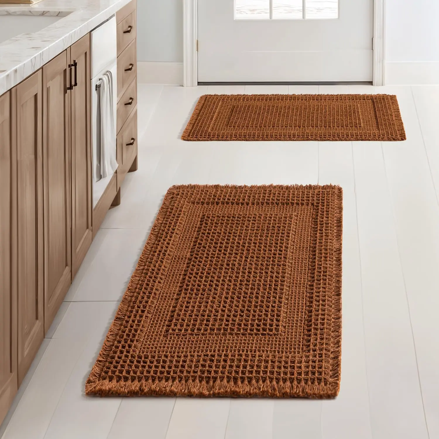 

Set of 2 Waffle Bathroom Rugs, Boho Bath Rug Super Absorbent, Non Slip Washable Ultra Soft Rubber Backed Shower Bath Mat