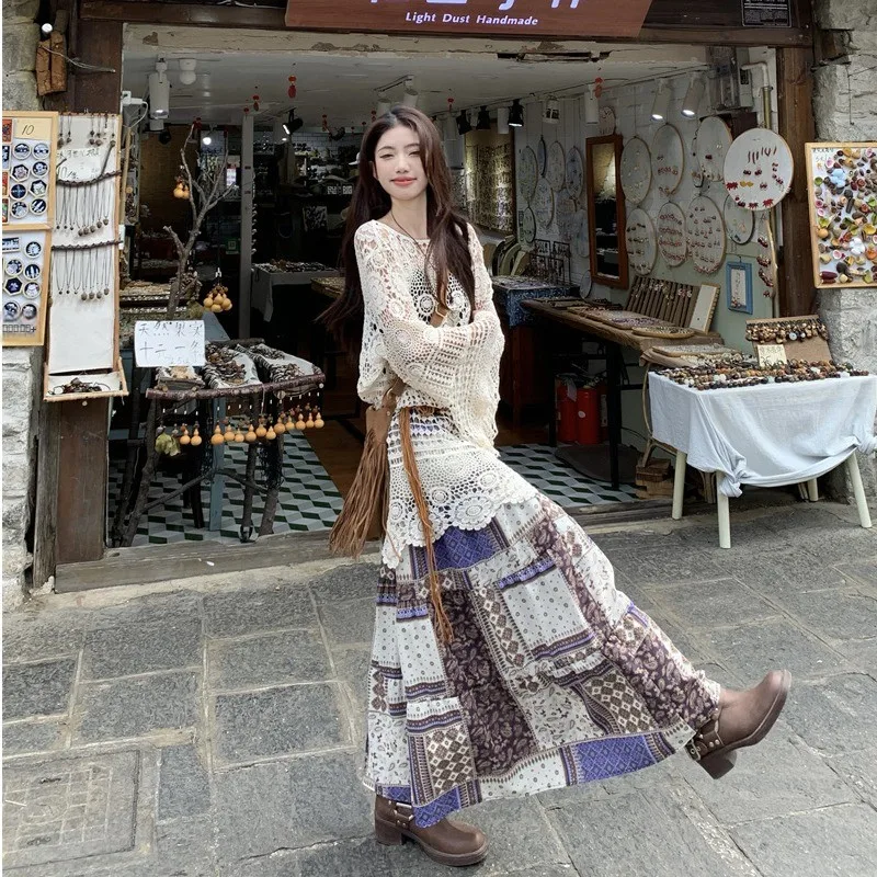 

Travel Ethnic Style Women's Hollow out Sun Protection Knitted Cover up Bohemian Color Block Floral Half Skirt Two Piece Set