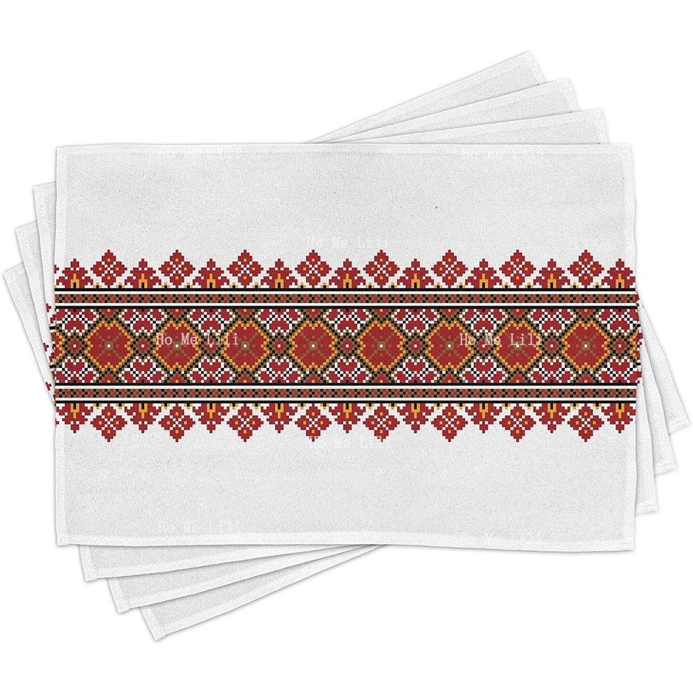 Ukrainian Colorful Ornamental Slav Motifs Traditional Rushnik Illustration Washable Fabric Placemats For Dining Table