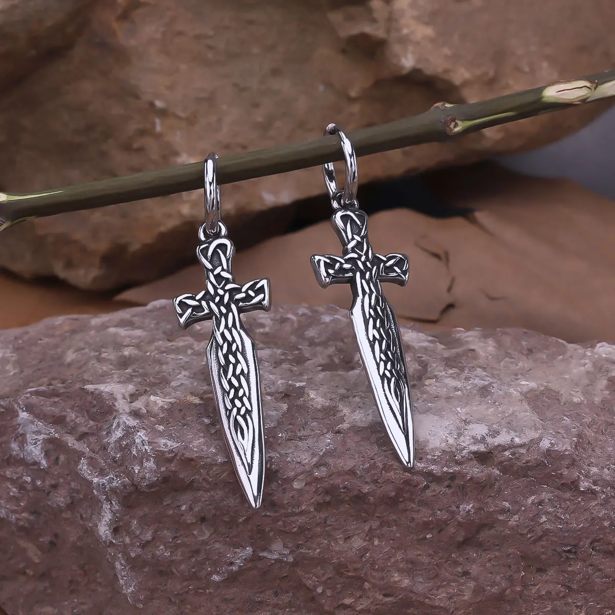 Stainless Steel Vikings Warrior Weapon Sword Earrings Scandinavian Celtic Endless Knot Rune Amulet Dangle Earring Jewelry Gift