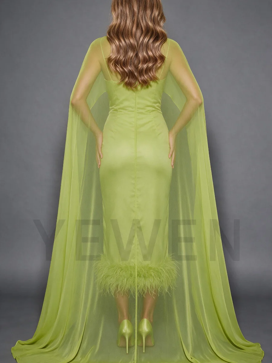 Green Ostrich Feather Hem Maternity Baby Shower Dress with Flowing Cape Pregnancy Dress Photo Shoot YD260835 view 5