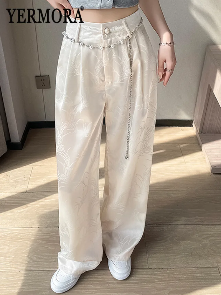 

YERMORA High Waist White Jacquard Metal Belt Casual Wide Leg Pants For Women Loose New Trousers Fashion Tide Spring Autumn 2026