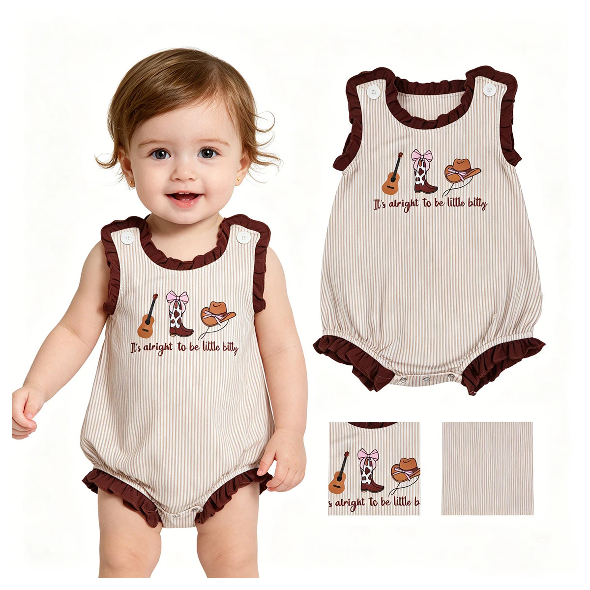 Newborn Clothes Baby Girls Sleeveless Boot Hats Guitar Western Ruffle Rompers Toddler Infant Jumpsuit Kids Onesies Wholesale