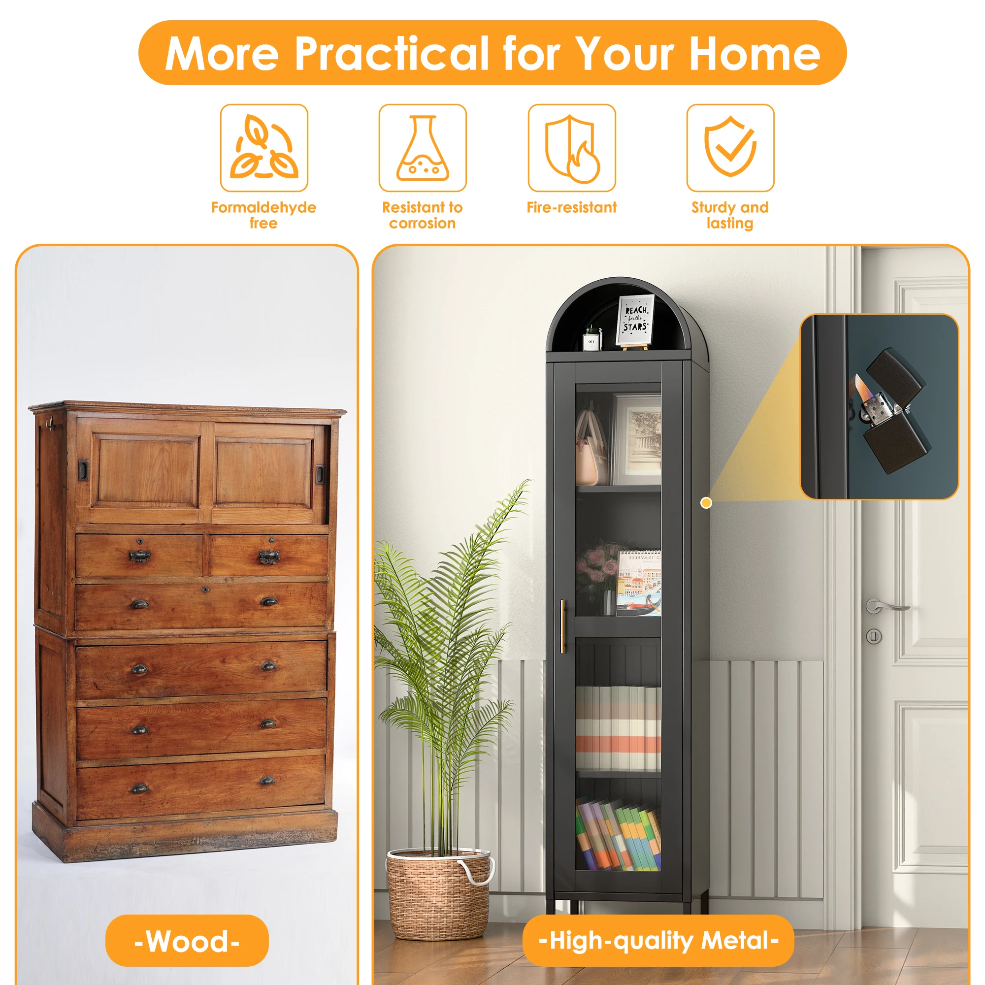 72.8'' Tall Modern Freestanding Arched Display Cabinet, Arch Bookcase with 1 Glass Door/Shelves, Kitchen Pantry for Dining Room,