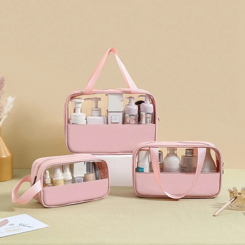 2023 Fashion Transparent Make-up Wash Bag Women Hand-held PU Waterproof Large Capacity Storage Bags PVC Splicing Cosmetic Cases