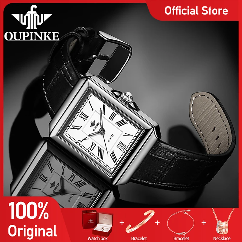 OUPINKE Luxury Women's Watch Swiss Movement Square Quartz Watch 50M Waterproof Genuine Leather Strap Dress Wristwatch for Ladies