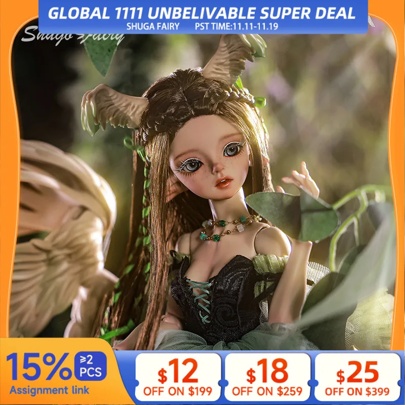 

ShugaFairy 1/4 Bjd Dolls Pegasus Beatrice Роза Крылья птицы с острыми ушками Весенний лес Грин Стиль Пышная юбка Шарнирная кукла