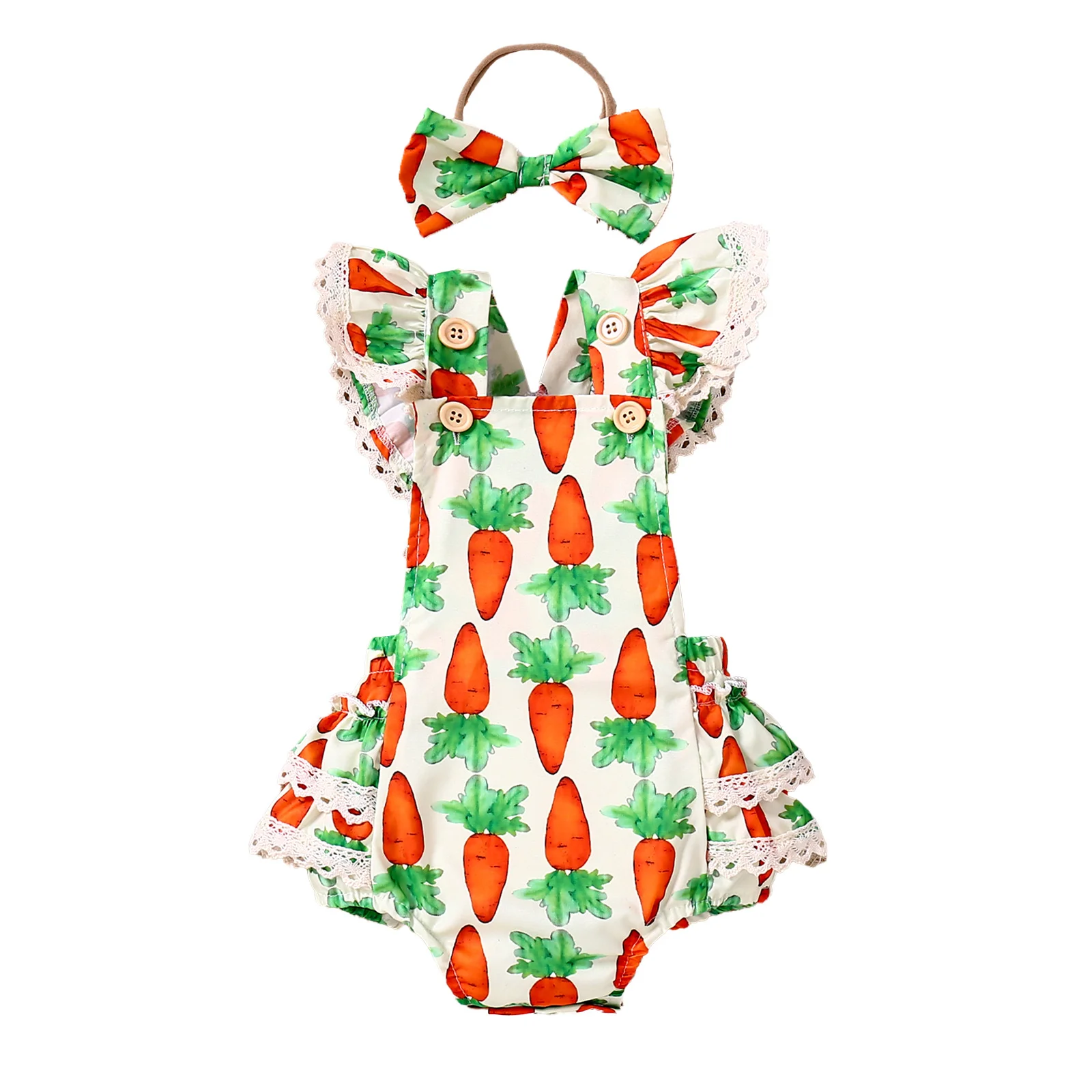 Easter Collection Cute Carrot Print Girls Little Flying Sleeves Bodysuit Lace Hem Attached Headband Baby Clothes