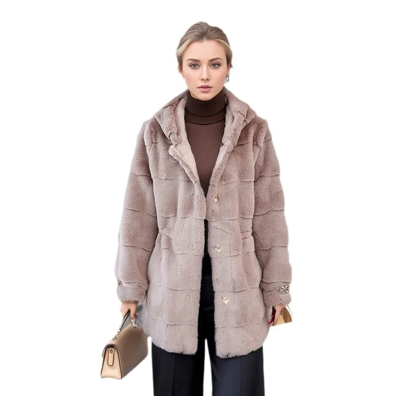 2024 Winter Women\'a Imitation Fur Mid Length Hooded Rhinestone Waist Jacket Female Hooded Thicken Warm Coats Women\'s Clothing