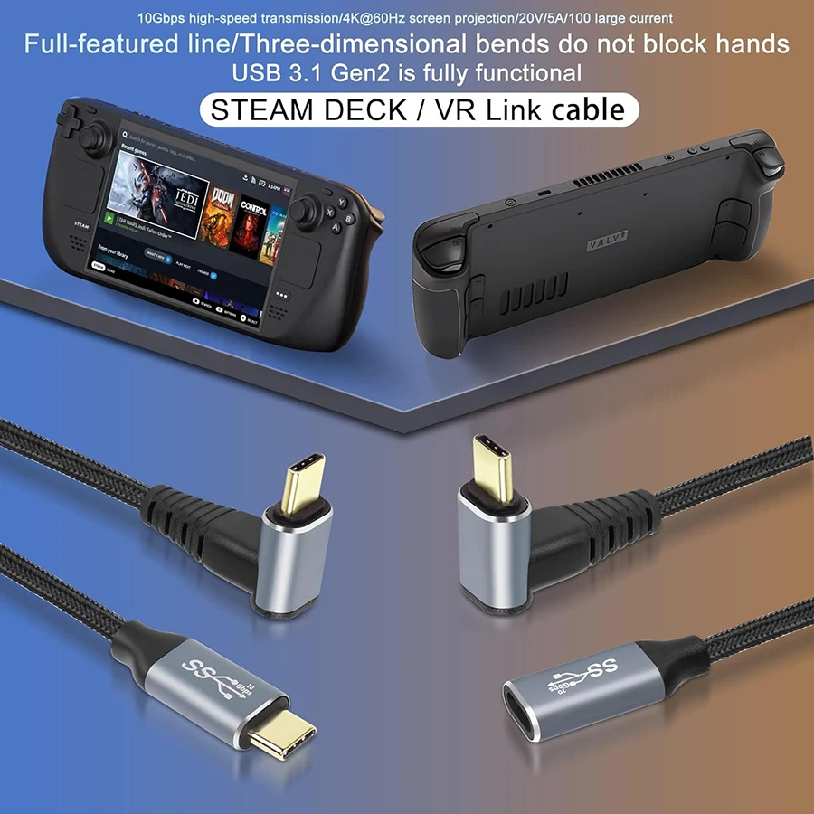 90 Degree USB C Male to Female Extension Cable USB3.1 Gen2 Up Down Angle Type-C 10Gbps Data 4K@60Hz Display PD100W Charging Cord