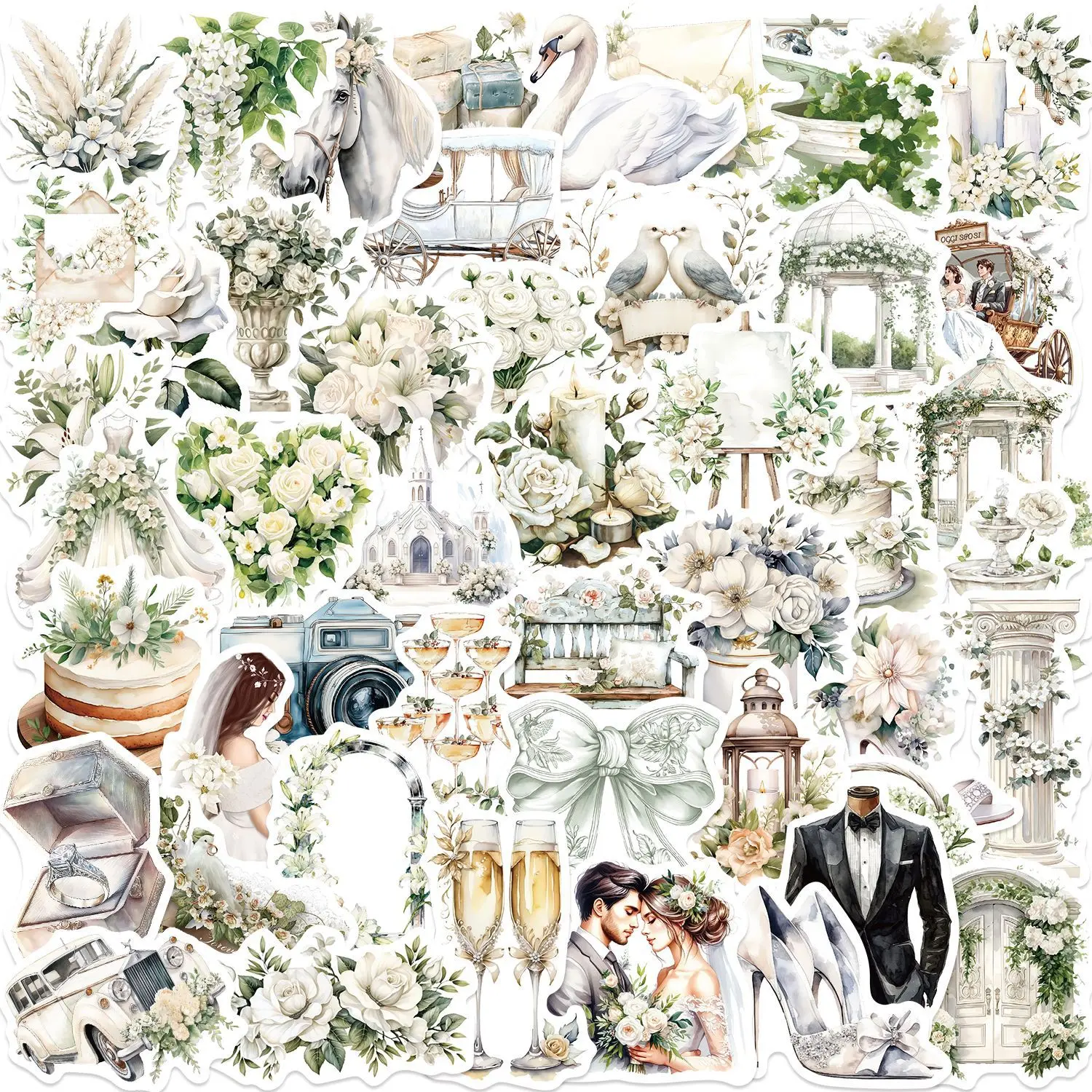 

10/50PCS Retro Floral White Wedding Graffiti Sticker Cartoon Creative Decoration DIY Water Cup Phone Case Waterproof Decal