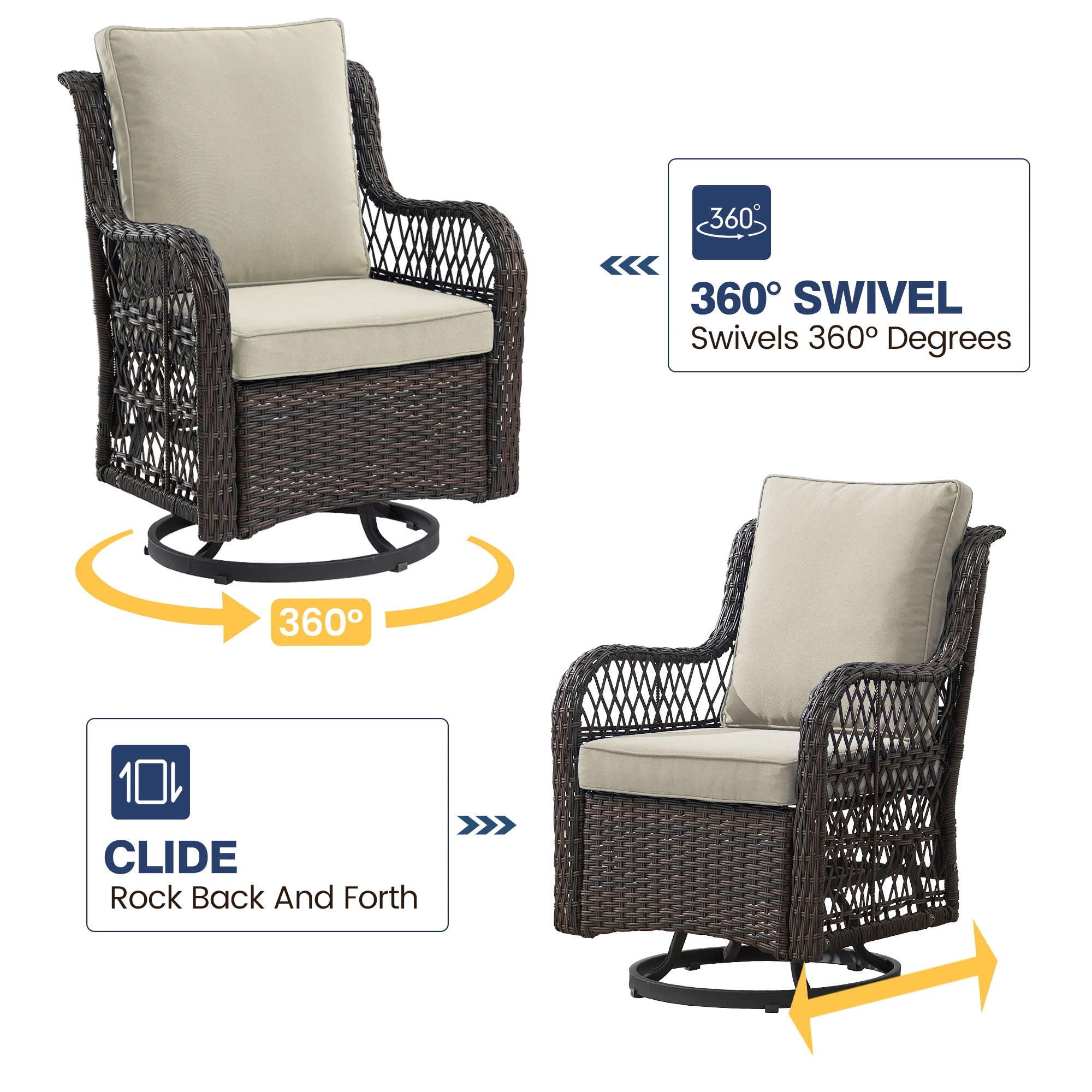 3 Pieces Outdoor Swivel Rocker Chair Set of 2 with Small Side Table, 360-Degree Swivel Rocking Chair, Outdoor Rocking Chair Set