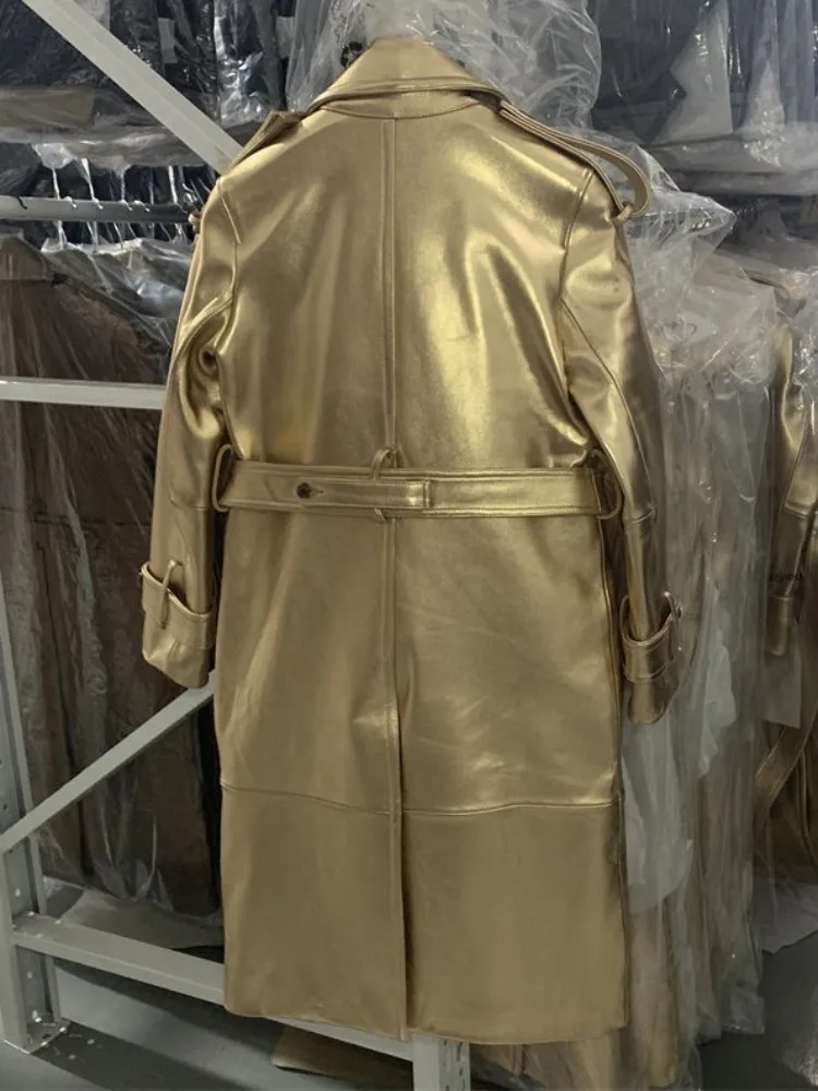 New Luxury Women Genuine Leather Long Coat Italian Style Vintage Sashes Double Breasted High Street Female Windbreakers Jacket