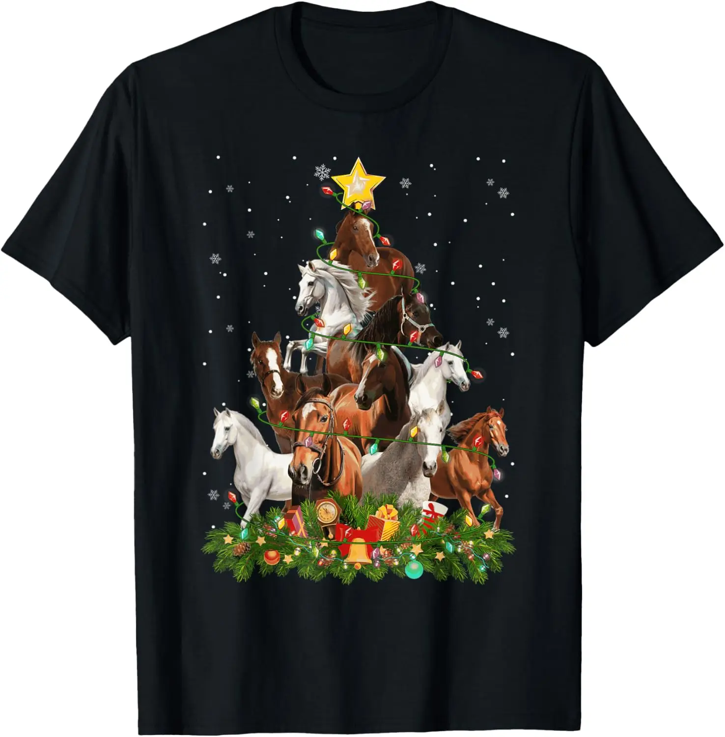

Horses Christmas Tree Lights Graphic Tee Funny Farm Animal Holiday Apparel For Men