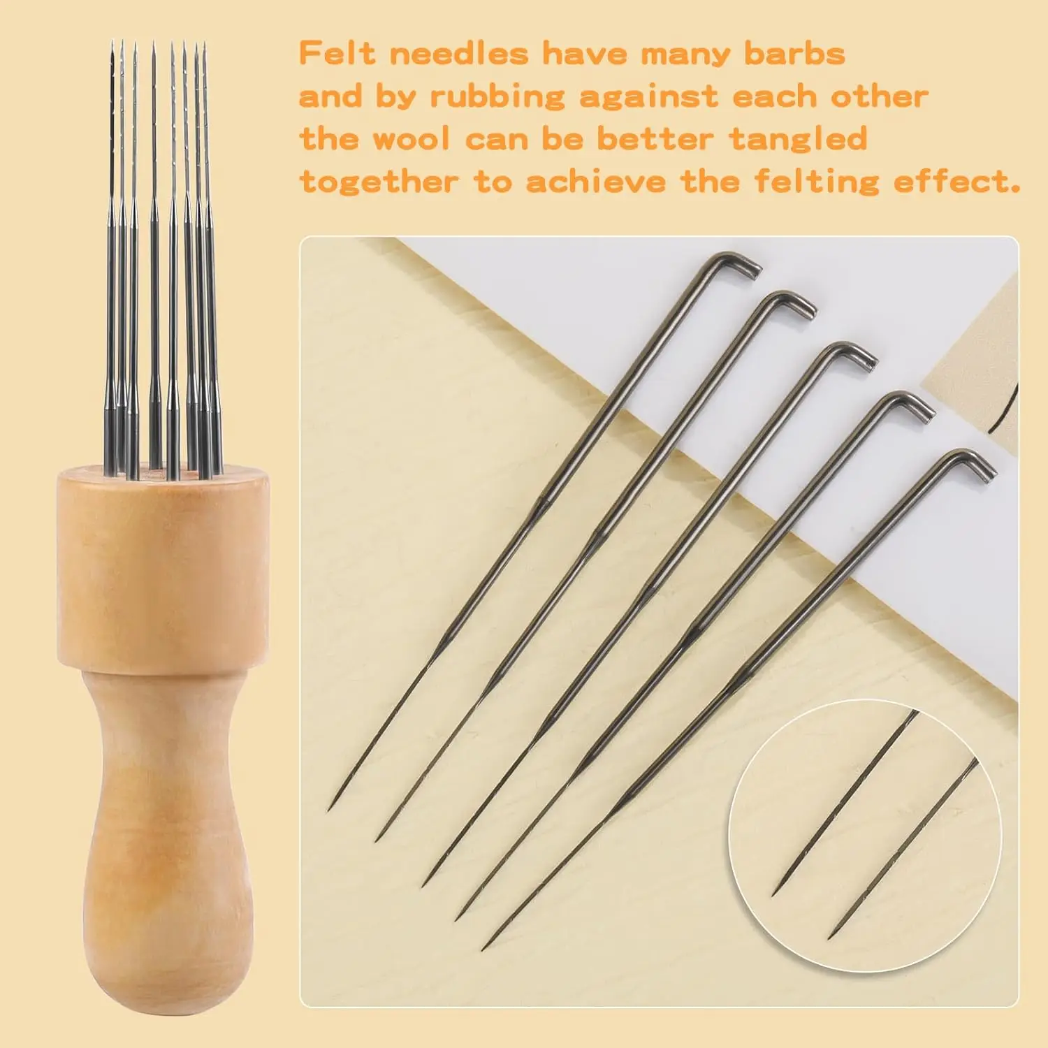 Felting Needle with Eight Tool,Craft Wool Felt Stitch Punch with Solid Wood Handle Felting Eight Needles Tools with Finger Cots