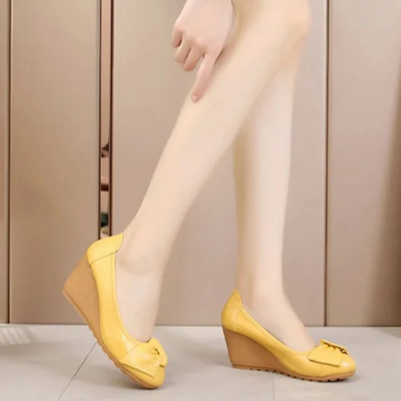 New Women Bow Bow Slope Heel shoes retro leather Asakuchi casual platform sneakers comfortable Versatile dress Dance shoes view 6