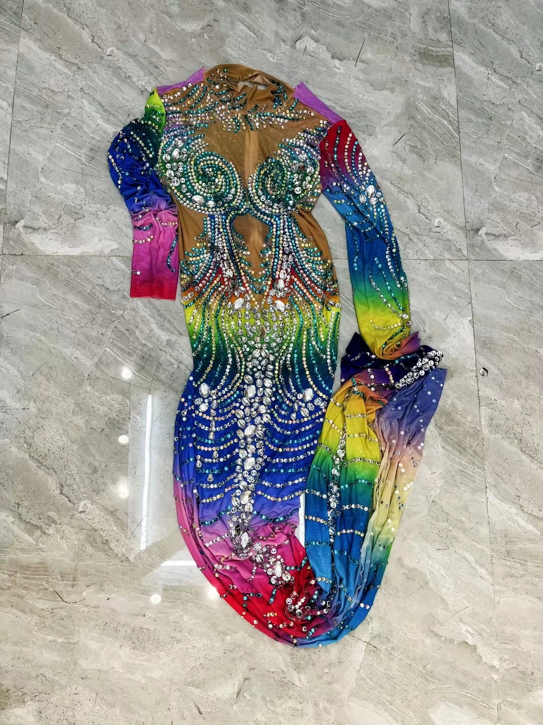 Sparkly Crystals Colorful Spandex Sexy Long Dress Women Birthday Show Celebrate Party Photo Shoot Wear Fashion Gown Lanshuixing