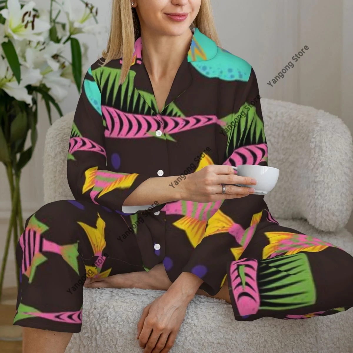 Spring and Autumn Pajama Set Women's Long Sleeve Pants Two Piece Cute Fishes Home Furnishing Set