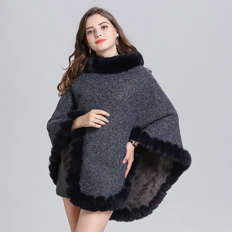 10 Kleuren Fluwelen Warme Pullover Mantel Wintergat Nep Konijnenbont Streetwear Vrouwen Capes Effen Poncho Gebreide Losse Jas Met Ronde Hals