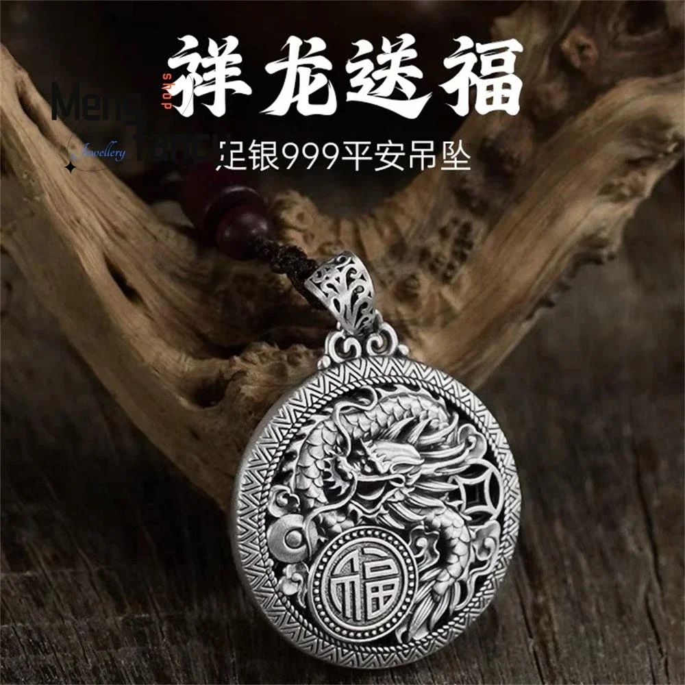 999 Silver Peace Buckle Filigree Lucky Dragon Pendant Ethnic Vintage Style Sweater Chain Exquisite High-grade Fashion Jewelry