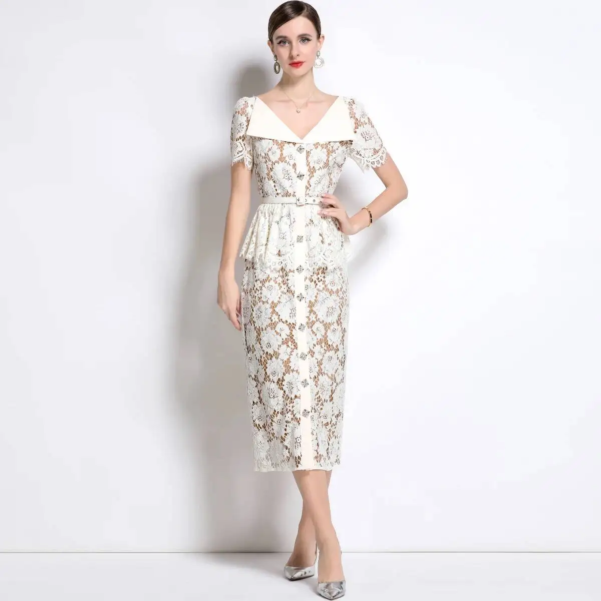 Borduren Formele Luxe Avondjurk Vrouwen Zomer Kristal Gehaakte Hol Korte Mouw Kant Lange Jurken Party Vestidos