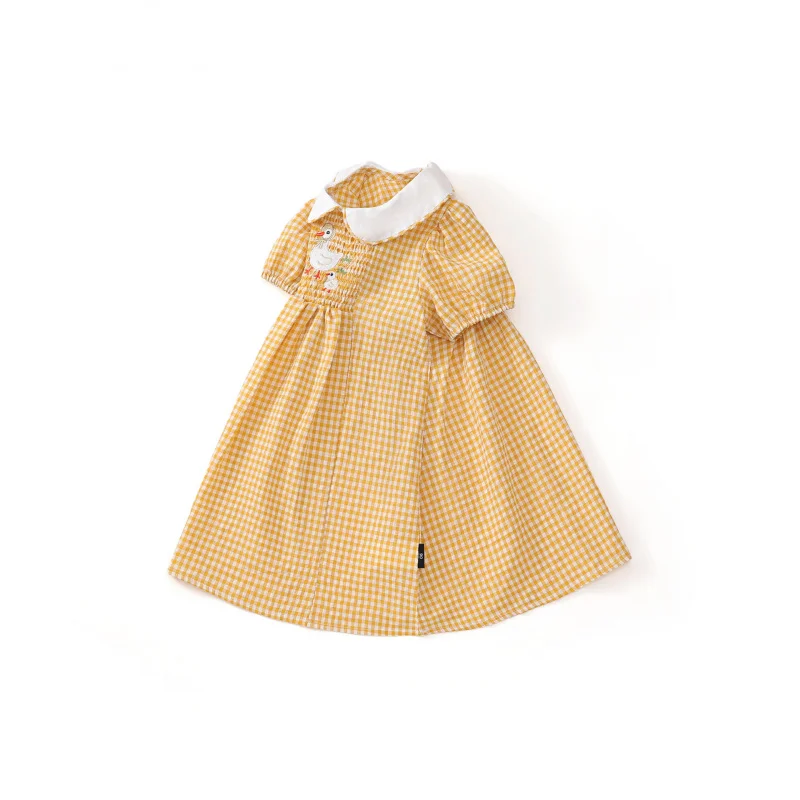 

Girls' Korean Style Doll Collar Dress2025Summer New Duck Embroidery Gathered Princess Dress Plaid Dress