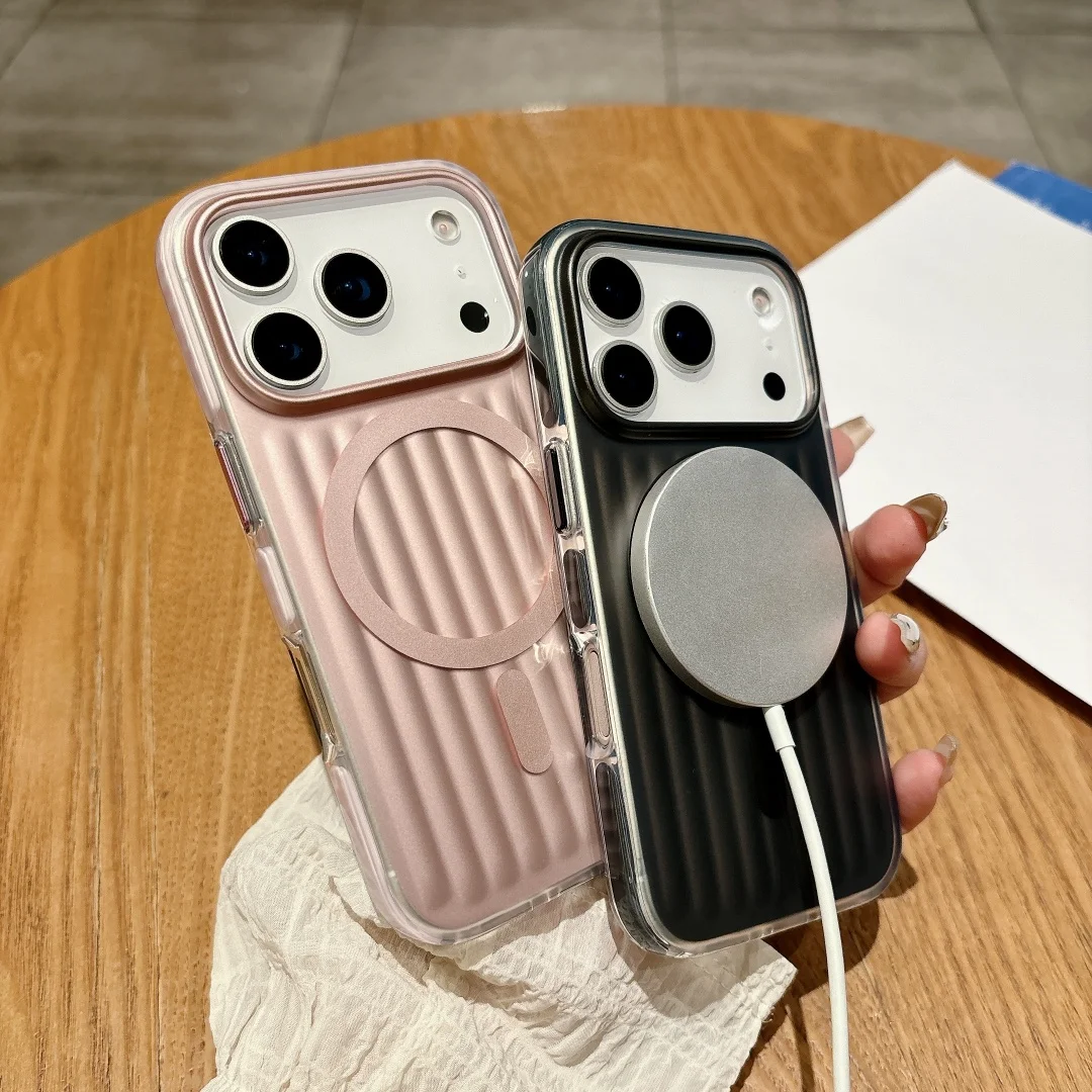 

Luxury Corrugated Metallic Pattern Magnetic Case For iPhone 17 16 15 14 13 Air Pro Max Magsafe Matte Soft Back Cover