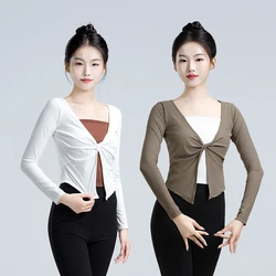 Women White Ballet Tops Long Sleeve Dance Shrug Coat Twisted Dance Clothing Classic Khaki Ballet Wrap Tops for Ballet/Daily