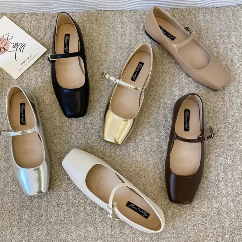 レディースフラットシューズ-シルバー-メリージェーンシューズ-2025年-春秋新作-フラット-ソフトソール-バレエスクープシューズ-レディースローファー
