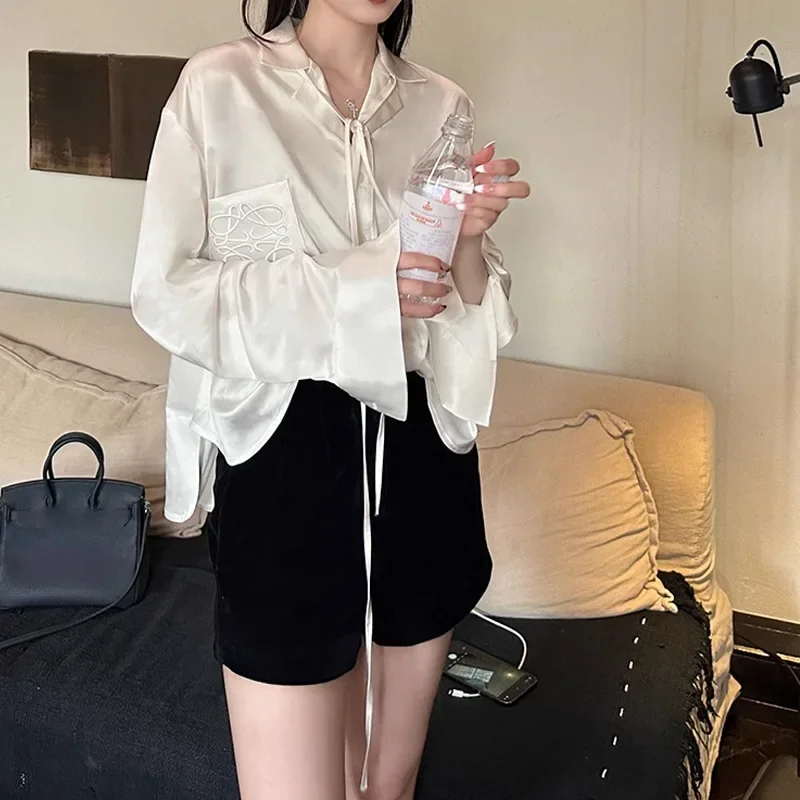 Jinqian satin imitation acetic acid streamer embroidered shirt loose and thin lazy  Fit Slimming Lazy Feeling long-sleeved top