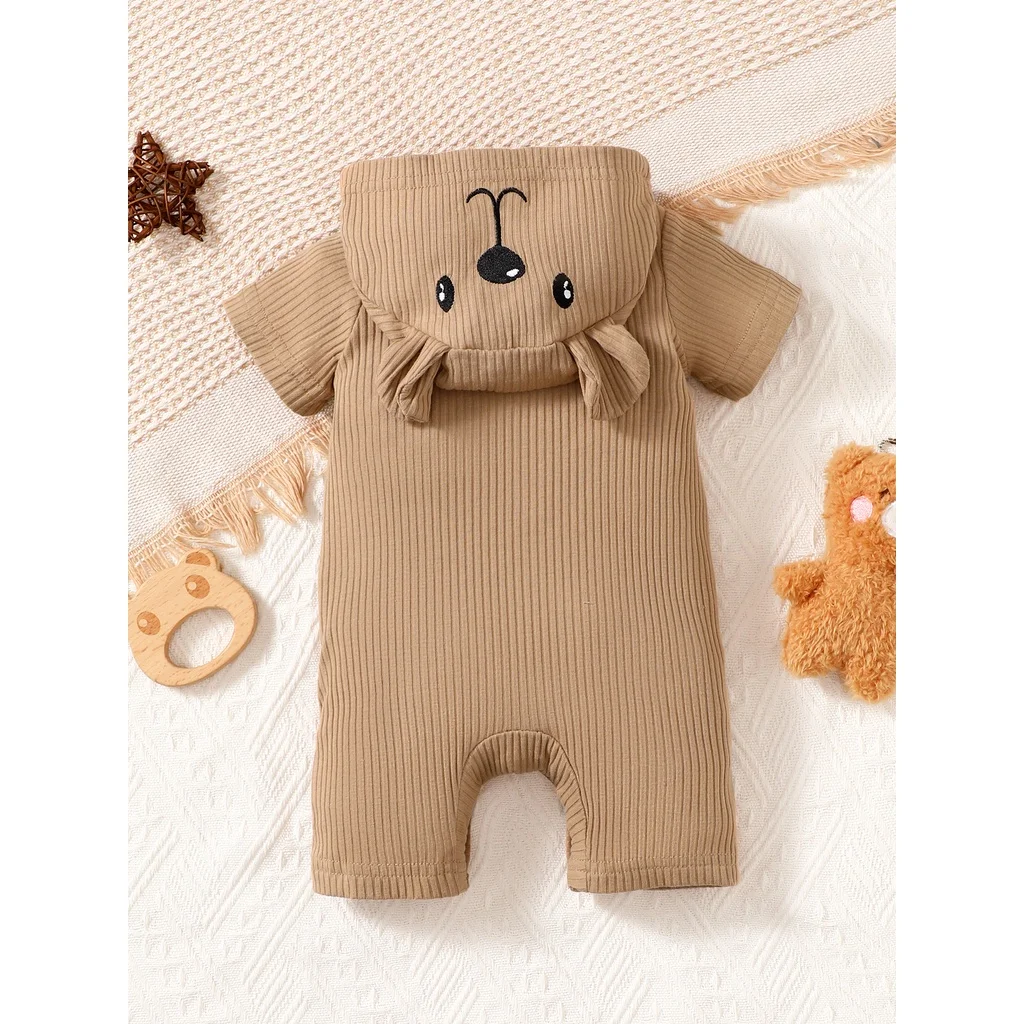 0-9 Months Newborn Baby Boy Girl Ribbed Brown Short Sleeve Bear Print Hooded Romper Fashion Lovely Jumpsuit Photograph Outfit