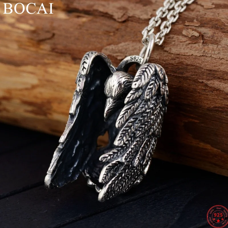 

BOCAI S925 Sterling Silver Charms Pendants for Men Women New Fashion Retro Old Crow Angle Wings Punk Jewelry Free Shipping