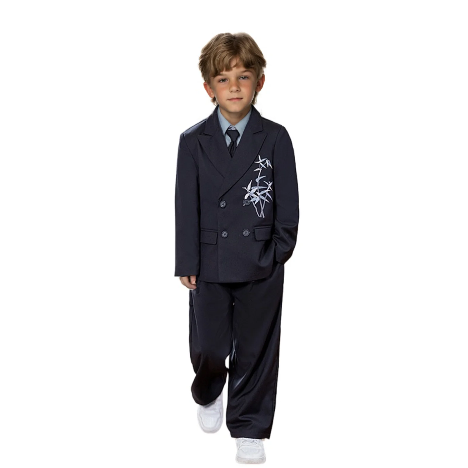 Kids Chinese Style Black Elegance Embroidered Wedding Tuxedo Set with Jacket Vest Pants Bowtie Boys Host Performance Costume