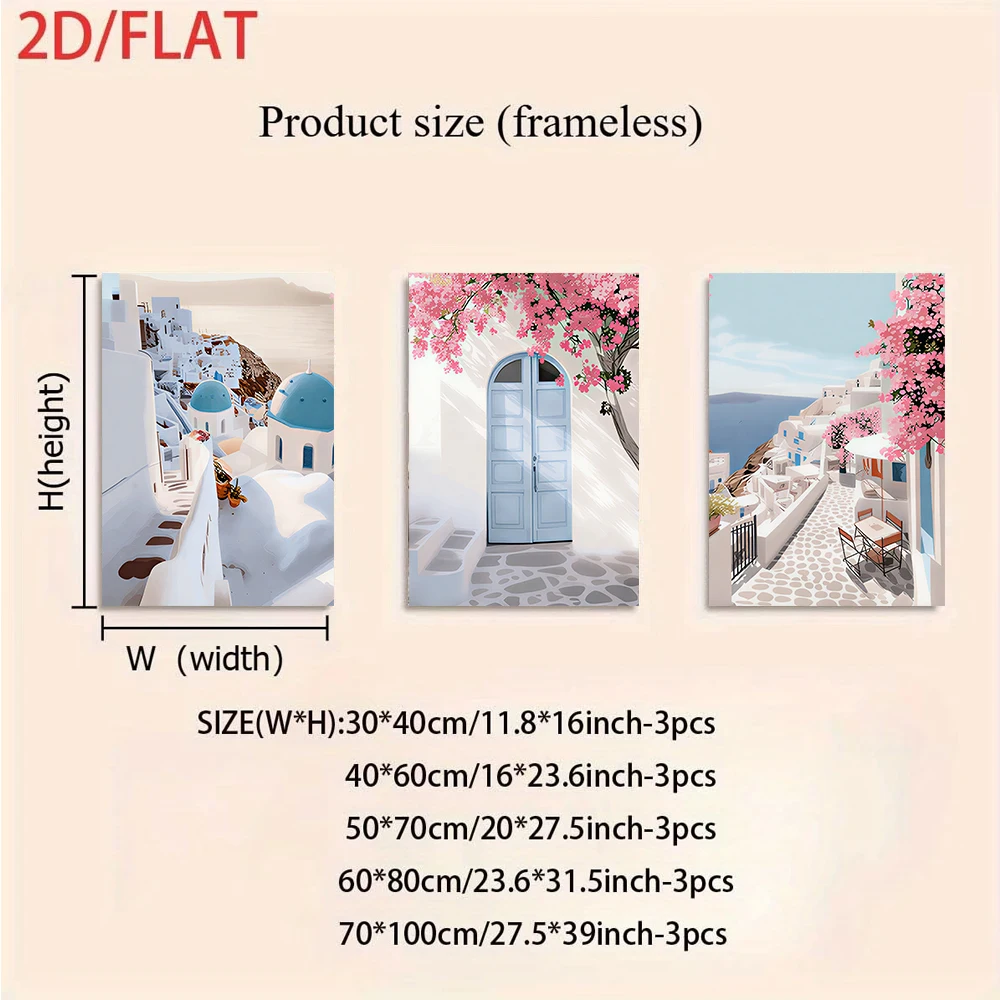 1 set of modern minimalist three-panel frameless murals depicting the landscape of Santorini, Greece (2D flat design)