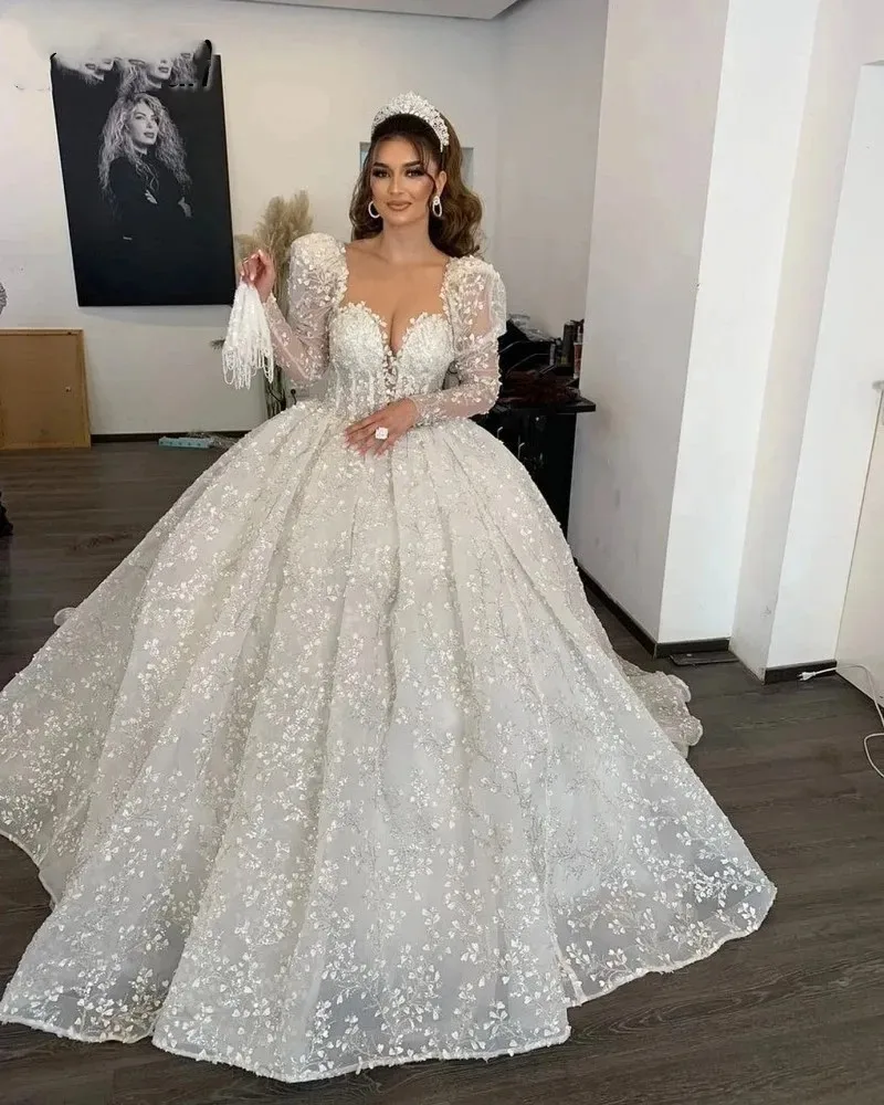 

Luxury Lace Sequined Wedding Dresses Sweetheart Long Sleeves Sheer Neck Arabic Bridal Gowns For Women Princess Vestido De Noiva