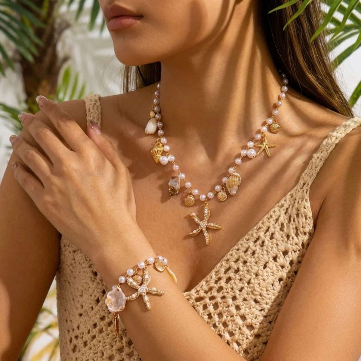 Imitationsperlen-Seestern-Muschel-Anhänger Halskette Armband Fußkettchen Set für Damen und Herren Boho Seestern Sommer Schmuckset – Detail 9