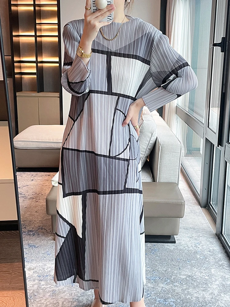 LANMREM Geometric Pattern Printed Long Dress with Sleeves Women O-neck Slim Fit Color Block Elegant Dresses 2024 Clothing 2Z1215